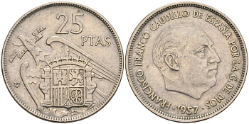 Испания 25 песет 1957(59) Франциско Франко (1939-1975) KM 787 медно-никель 4583-1042