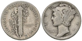 США 10 центов (дайм) 1937 KM 140 серебро 3334-1217