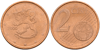 Финляндия 2 евроцента 2000  KM 99 сталь плакированная медью  UNC  4564-361