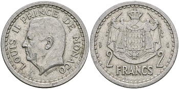 Монако 2 франка 1943 Луи II (1922-1949) KM 121 алюминий 08-615