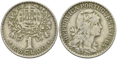 Португалия 1 эскудо 1964 KM 578 медно-никель 4148-421
