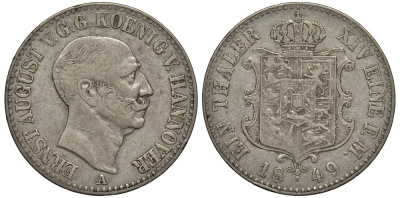 Брауншвейг-Каленберг-Ганновер 1 талер 1849 A, Эрнст Август (1837-1851) КМ 197.1, Jaeger 71, Thun 166, AKS 105, Kahnt 232 серебро 1520-924
