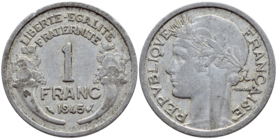 ФРАНЦИЯ 1 ФРАНК 1945 KM 885а.1 алюминий 4397-652