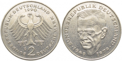ФРГ 2 МАРКИ 1990 D, КУРТ ШУМАХЕР KM 149, J. 424 медно-никель плакированный никелем 3856-413