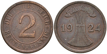 Германия 2 рентенпфеннига 1924 A KM 31, J. 307 бронза 4147-1241