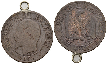 Франция 5 сантимов 1854 A, Наполеон III (1852-1870), на подвеске KM 777.2, LE FRANC 116.8 бронза 4606-935
