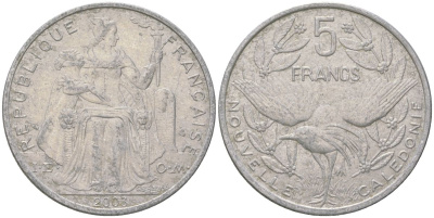 Французская Новая Каледония 5 франков 2003 птица кагу, (IEOM) KM 16, Schoen 12, Lec 81h алюминий 189-1042