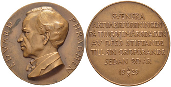ШВЕЦИЯ МЕДАЛЬ 1929 ЛАРС ЭДВАРД ФРАГМЕН (1863-1937), ШВЕДСКИЙ МАТЕМАТИК, ДИАМЕТР 45,5 ММ., ВЕС 45 ГР. бронза 1088-3-34