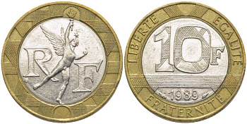Франция 10 франков 1989 тип гений Бастилии KM 964.1, Le Franc 375.3 биметалл 117-241