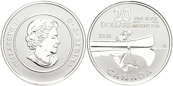 Канада 20 долларов 2011 каноэ, Елизавета II KM NEW серебро UNC 02-265-37