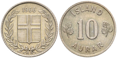 Исландия 10 эйре 1966 KM 10 медно-никель 4608-141
