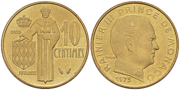 Монако 10 сантимов 1974 Ренье III (1949-2005) KM 142 алюминиевая бронза 188-1047