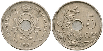 Бельгия 5 сантимов 1927 BELGIQUE KM 66 медно-никель 4174-258