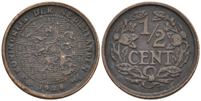 Нидерланды 1/2 цента 1928 Вильгельмина (1890-1948) KM 138 бронза 4576-461