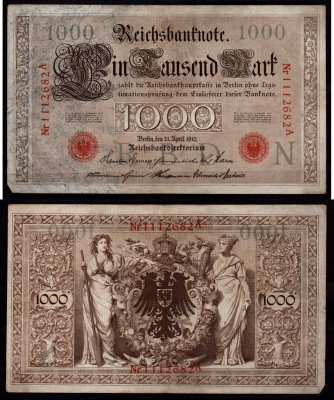 Германия 1000 марок 1910 Берлин, A; аллегорические фигуры («Мореплавание» и «Земледелие»), герб Pick 44 b бумага 7547-72-2-2