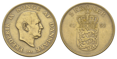 Дания 2 кроны 1952 N, Фредерик IX (1947-1972) KM 838 алюминиевая бронза 4680-335