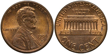 США 1 ЦЕНТ 1984 D, ЛИНКОЛЬН KM 201b цинк плакированный медью 4547-656
