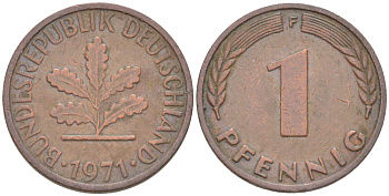 ФРГ 1 ПФЕННИГ 1971 F KM 105, J. 380 сталь плакированная медью 4181-559