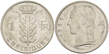 БЕЛЬГИЯ 1 ФРАНК 1969 BELGIQUE, БОДУЭН I (1951-1993) KM 142.1 медно-никель 3856-953