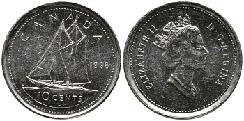 КАНАДА 10 ЦЕНТОВ 1998 ЕЛИЗАВЕТА II (1952-), ПАРУСНИК, ТРЕТИЙ ПОРТРЕТ В КОРОНЕ KM 183 никель 4532-845