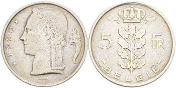 БЕЛЬГИЯ 5 ФРАНКОВ 1950 BELGIE, ЛЕОПОЛЬД II (1934-1950) KM 135.1 медно-никель 202-1147