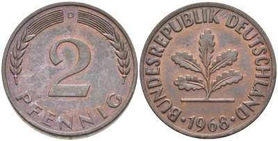 ФРГ 2 пфеннига 1968 D KM 106, J.381 сталь плакированная медью 4174-626