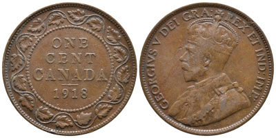Канада 1 цент 1918 Георг V (1910-1936), большой формат KM 21 бронза 3461-147