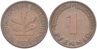ФРГ 1 ПФЕННИГ 1971 F KM 105, J. 380 сталь плакированная медью 4181-559
