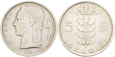 БЕЛЬГИЯ 5 ФРАНКОВ 1950 BELGIE, ЛЕОПОЛЬД II (1934-1950) KM 135.1 медно-никель 202-1147