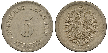 Германия 5 пфеннигов 1888 D, старогербовка KM 3, J. 3 медно-никель 413-5224