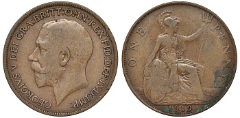 Великобритания 1 пенни 1919 Георг V (1910-1936) KM 810, Spink 4051 бронза 4123-546