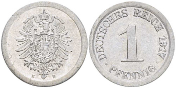 Германия 1 пфенниг 1917 E KM 24, J. 300, Weege 2 алюминий 206-1064