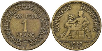 Франция 1 франк 1927 KM 876, Le Franc 218.5 алюминиевая бронза 4142-755