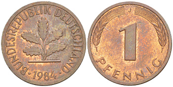 ФРГ 1 ПФЕННИГ 1984 J KM 105, J. 380 сталь плакированная медью 4181-656
