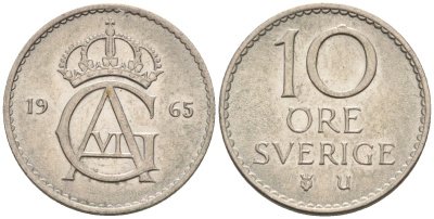 Швеция 10 эре 1965 Густав VI Адольф (1950-1973) KM 835 медно-никель 4585-356