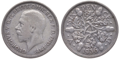 Великобритания 6 пенсов 1936 Георг V (1910-1936) KM 832, Spink 4041 серебро 4124-734