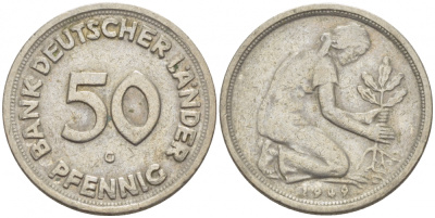 ФРГ 50 пфеннигов 1949 G KM 104, J. 379 медно-никель 112-942