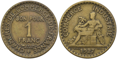 Франция 1 франк 1927 KM 876, Le Franc 218.5 алюминиевая бронза 4142-755