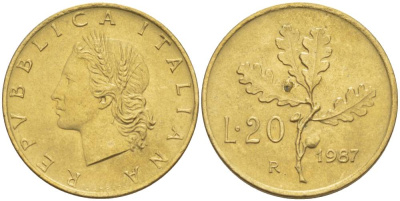 Италия 20 лир 1987 R, дубовая ветвь KM 97.2 алюминиевая бронза  UNC   4551-324