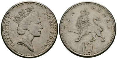 Великобритания 10 пенсов 1992 Елизавета II (1952-2022) KM 938b, Spink 4367 (F4) медно-никель 4138-755