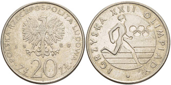 Польша 20 злотых 1980 MW, XXII летние Олимпийские Игры, Москва 1980, бегун KM 108, Parchimowicz 252 медно-никель 4542-1131