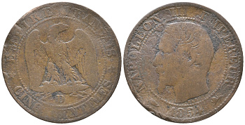 ФРАНЦИЯ 5 САНТИМОВ 1854 D, НАПОЛЕОН III (1852-1870) KM 777.4 бронза 34-436