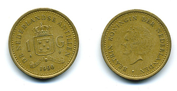 Нидерландские Антилы 1 гульден 1990 Беатрикс (1980-2013) KM 37 позолоченная сталь 25-742