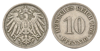 Германия 10 пфеннигов 1906 D, Вильгельм II (1888-1918) KM 12, J. 13 медно-никель 4636-856