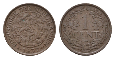 Нидерланды 1 цент 1937 Вильгельмина (1890-1948) KM 152 бронза 4611-1169