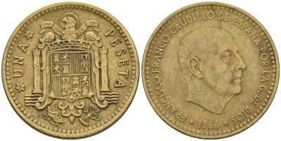 Испания 1 песета 1966 (74) Франсиско Франко (1939-1975) KM 796 алюминиевая бронза 4604-416
