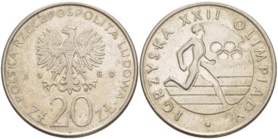 Польша 20 злотых 1980 MW, XXII летние Олимпийские Игры, Москва 1980, бегун KM 108, Parchimowicz 252 медно-никель 4542-1131