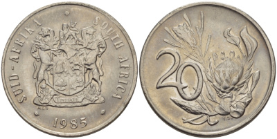 ЮАР 20 ЦЕНТОВ 1985 ГЕРБ, ЦВЕТОК ПРОТЕЯ KM 85 никель UNC 67-456