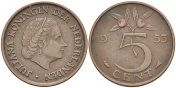 Нидерланды 5 центов 1953 Юлиана (1948-1980) KM 181 бронза 214-767