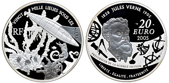 Франция 20 евро 2005 Жюль Верн 20000 лье под водой 155 гр. серебро PROOF 00-000-00